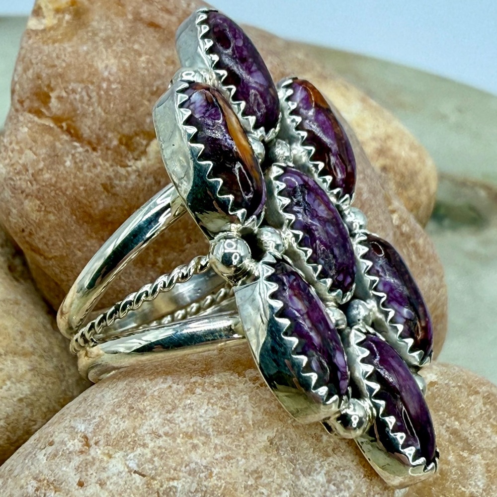 Native American Sterling Silver Purple Spiny Oyster 7-Stone Ring Roberta Begay - Picture 10 of 17